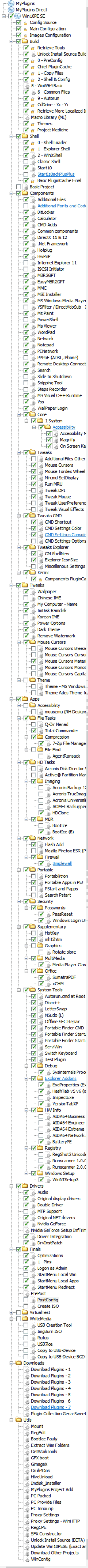 A typical WinBuilder PE project tree. Every single box checked are settings made before running the scripts.